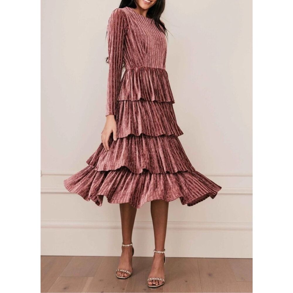 JessaKae Dusty Rose Tiered Velvet Maxi Dress